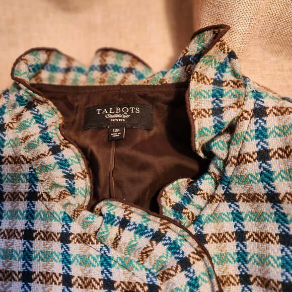 Talbots Brown/Teal Tweed Plaid Ruffled Blazer Elbow Patches Wool Blend Size 12P - Picture 4 of 12